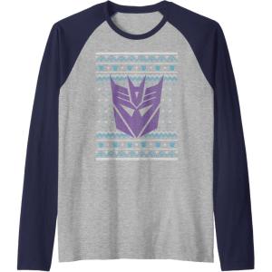 imageTransformers Christmas Retro Decepticon Ugly Sweater Style Raglan Baseball TeeNavy BlueAthletic Heather