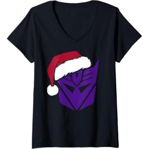 imageWomens Transformers Christmas Decepticons Santa Hat Logo VNeck TShirtBlack