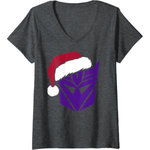imageWomens Transformers Christmas Decepticons Santa Hat Logo VNeck TShirtDark Heather Grey