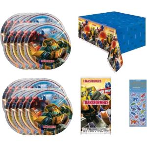imageTransformers Birthday Party Supplies Bundle Set for 16 includes 16 Lunch Plates 1 Plastic Table Cover 1 Dinosaur Sticker Sheet Bundle for 16Medium