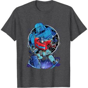 imageTransformers One Optimus Prime Megatron Lurking TShirtDark Heather Grey