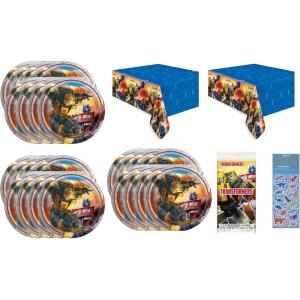 imageTransformers Party Supplies Bundle Pack includes 24 Dessert Paper Plates 2 Plastic Table Covers 1 Dinosaur Sticker Sheet