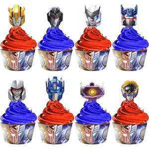 imageTreasures Gifted Officially Licensed Transformers Birthday Supplies  24ct Cupcake Toppers ampamp Wrappers  Transformers Party Supplies Cake Decorations