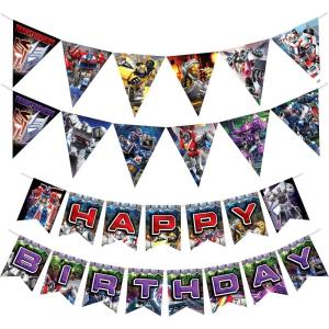 imageTreasures Gifted Officially Licensed Transformers Birthday Party Supplies  Set of 3 Prestrung Banners  1 Happy Birthday Banner ampamp 2 Pennant Banners  Transformers Party Decorations