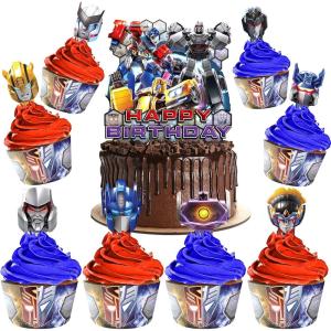 imageTreasures Gifted Officially Licensed Transformers Cake Decorations Set  24 Transformers Cupcake Toppers ampamp Wrappers  1 Transformers Cake Topper  Transformers Birthday Party Supplies