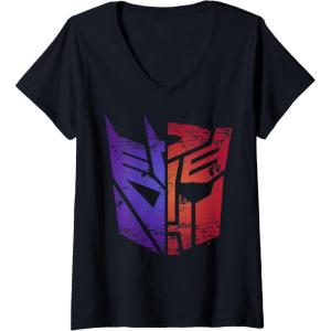 imageWomens Transformers Decepticon Autobot Distressed Split Logo VNeck TShirtBlack