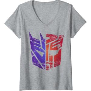 imageWomens Transformers Decepticon Autobot Distressed Split Logo VNeck TShirtHeather Grey