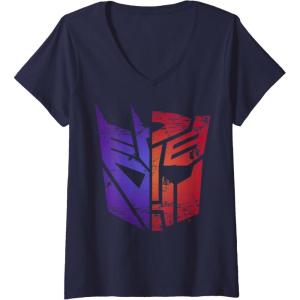 imageWomens Transformers Decepticon Autobot Distressed Split Logo VNeck TShirtNavy Blue