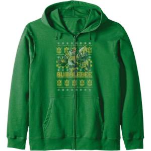 imageTransformers Christmas Bumblebee Ugly Sweater Zip HoodieDark Green