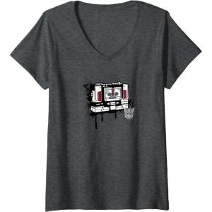 imageWomens Transformers Soundwave Tape Cassette Player Form Graffiti VNeck TShirtDark Heather Grey
