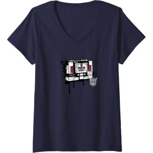 imageWomens Transformers Soundwave Tape Cassette Player Form Graffiti VNeck TShirtNavy Blue