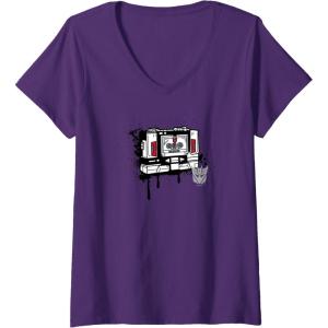 imageWomens Transformers Soundwave Tape Cassette Player Form Graffiti VNeck TShirtPurple