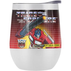 imageTransformers OFFICIAL Bumblebee 12 oz Stemless Tumbler Stainless Steel Travel CupLake TumblerInsulated with Leak Resistant SlideLock LidOPTIMUS PRIME WHITE