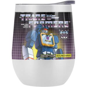 imageTransformers OFFICIAL Bumblebee 12 oz Stemless Tumbler Stainless Steel Travel CupLake TumblerInsulated with Leak Resistant SlideLock LidSOUNDWAVE WHITE