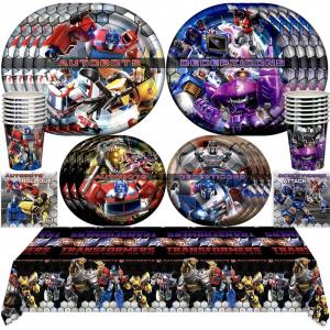 imageTreasures Gifted Officially Licensed Transformers Party Supplies  Serves 16 Guests  Dinnerware Deluxe Set  Transformers Plates Napkins Cups amp TableclothServes 16