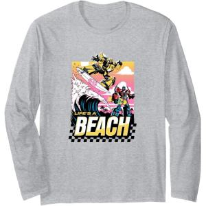 imageTransformers Bumblebee Surfing Lifes A Beach Portrait Long Sleeve TShirtHeather Grey