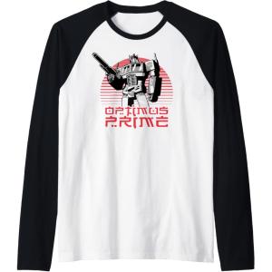 imageTransformers Optimus Prime Retro Kanji Sunset Portrait Raglan Baseball TeeBlackWhite