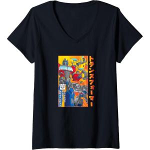 imageWomens Transformers Vintage Retro Autobots Kanji Group Shot Poster VNeck TShirtBlack