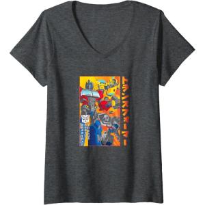 imageWomens Transformers Vintage Retro Autobots Kanji Group Shot Poster VNeck TShirtDark Heather Grey
