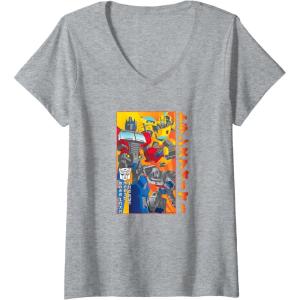 imageWomens Transformers Vintage Retro Autobots Kanji Group Shot Poster VNeck TShirtHeather Grey