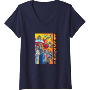 imageWomens Transformers Vintage Retro Autobots Kanji Group Shot Poster VNeck TShirtNavy Blue