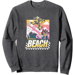 imageTransformers Bumblebee Surfing Lifes A Beach Portrait SweatshirtDark Heather Grey