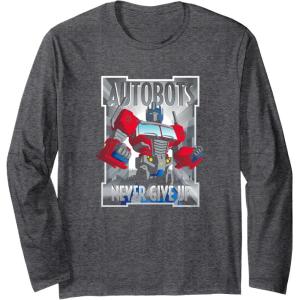 imageTransformers Optimus Prime Autobots Never Give Up Long Sleeve TShirtDark Heather Grey
