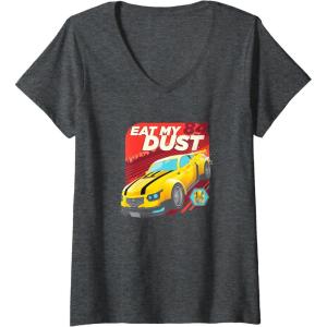 imageWomens Transformers Bumblebee Eat My Dust 84 Portrait VNeck TShirtDark Heather Grey