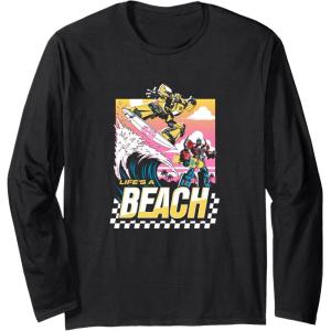 imageTransformers Bumblebee Surfing Lifes A Beach Portrait Long Sleeve TShirtBlack