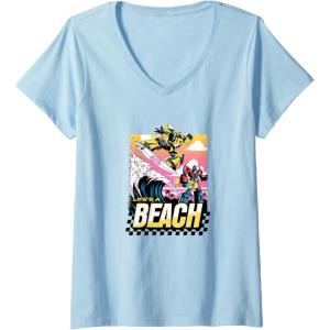 imageTransformers Bumblebee Surfing Lifes A Beach Portrait VNeck TShirtBaby Blue