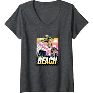 imageTransformers Bumblebee Surfing Lifes A Beach Portrait VNeck TShirtDark Heather Grey