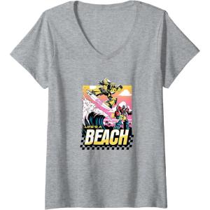 imageTransformers Bumblebee Surfing Lifes A Beach Portrait VNeck TShirtHeather Grey