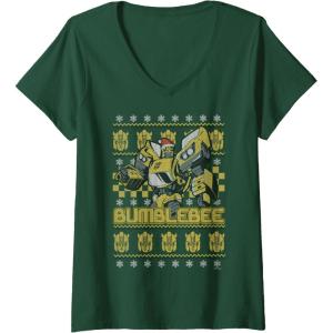 imageTransformers Christmas Bumblebee Ugly Sweater VNeck TShirtDark Green