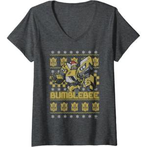 imageTransformers Christmas Bumblebee Ugly Sweater VNeck TShirtDark Heather Grey