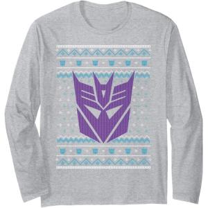 imageTransformers Christmas Retro Decepticon Ugly Sweater Style Long Sleeve TShirtHeather Grey