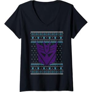 imageTransformers Christmas Retro Decepticon Ugly Sweater Style VNeck TShirtBlack