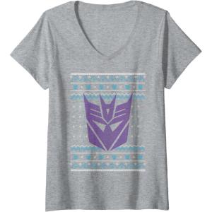 imageTransformers Christmas Retro Decepticon Ugly Sweater Style VNeck TShirtHeather Grey