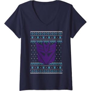 imageTransformers Christmas Retro Decepticon Ugly Sweater Style VNeck TShirtNavy Blue