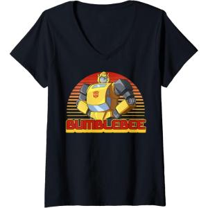 imageWomens Transformers Bumblebee Retro Stripes Vintage Portrait VNeck TShirtBlack
