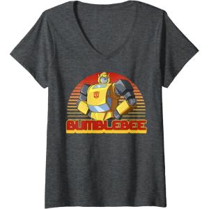 imageWomens Transformers Bumblebee Retro Stripes Vintage Portrait VNeck TShirtDark Heather Grey