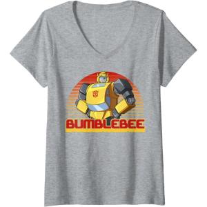 imageWomens Transformers Bumblebee Retro Stripes Vintage Portrait VNeck TShirtHeather Grey