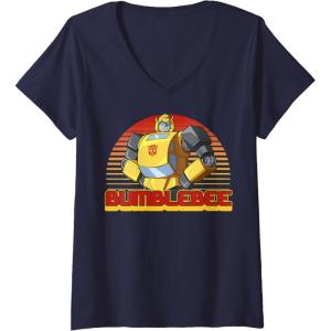 imageWomens Transformers Bumblebee Retro Stripes Vintage Portrait VNeck TShirtNavy Blue