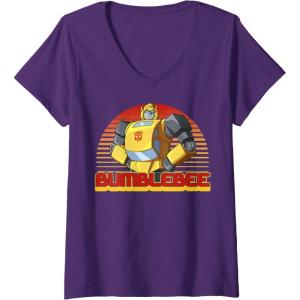 imageWomens Transformers Bumblebee Retro Stripes Vintage Portrait VNeck TShirtPurple