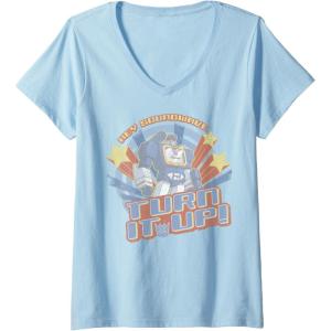 imageWomens Transformers Hey Soundwave Turn It Up Classic Retro Logo VNeck TShirtBaby Blue