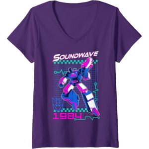 imageWomens Transformers Soundwave 1984 Retro Grid Logo VNeck TShirtPurple