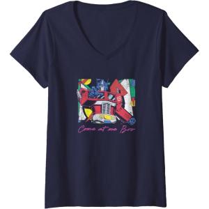 imageWomens Transformers Optimus Prime Retro Fine Art Cubist Portrait VNeck TShirtNavy Blue